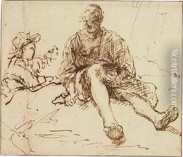 A Young Woman In Nightclothes 
Seated On A Bed, With A Young Man Behind Her.<</b> Oil Painting - Rembrandt Van Rijn