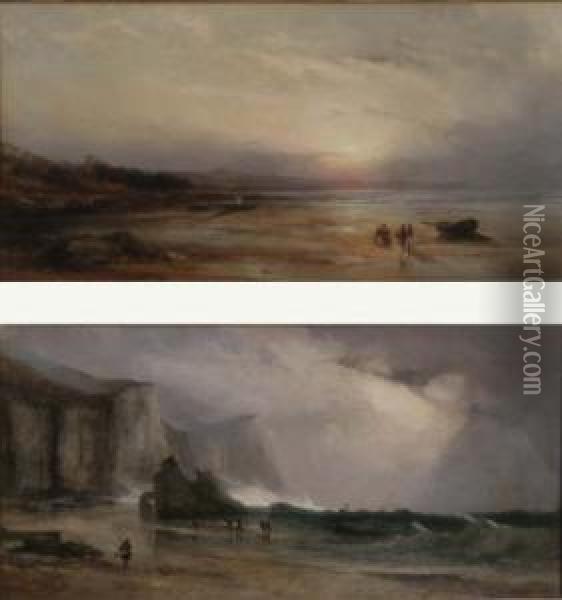 Pair Of Oils On Canvas 'in 
Freshwater' And 'in Ryde, Isle Of Wight' Signed And Dated 1865 12 X 24in Oil Painting - Thomas Danby