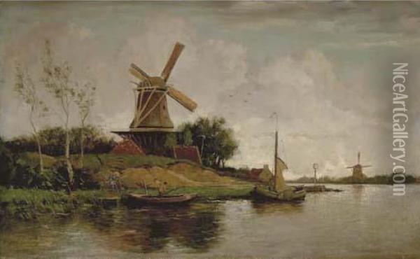 Windmill In Dutch Landscape Oil Painting - Jacob Henricus Maris