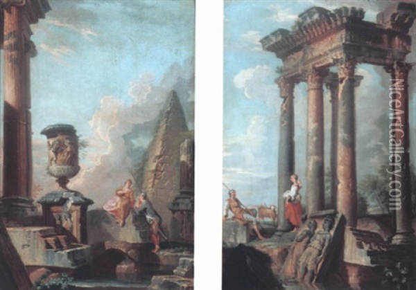 Capriccio Of Classical Ruins With Sculpted Urn And Pyramid Oil Painting - Giovanni Paolo Panini