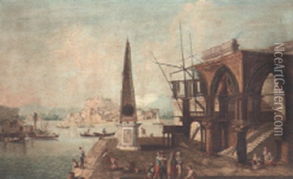 A Capriccio With A Ruined Gothic Portico And An Obelisk With Merchants And Other Figures On A Quay Oil Painting - Francesco Albotti