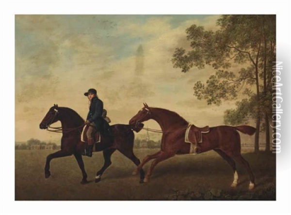 Two Saddled Horses, One Ridden By A Groom Oil Painting - George Stubbs