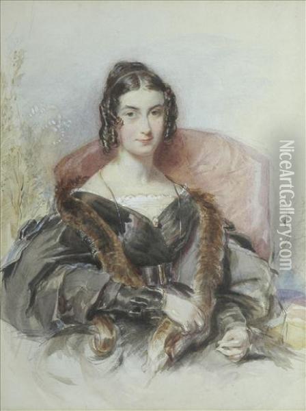 Portraitof A Young Woman, 
Half-length, Her Hair In Ringlets, Seated In Achair, Wearing Fur Trimmed
 Brown Coat Oil Painting - George Richmond