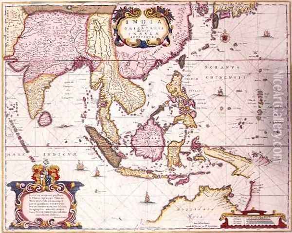 General map extending from India to southern Japan and northern Australia by way of the Indonesian archipelago and the Philippines Oil Painting - Hendrik I Hondius