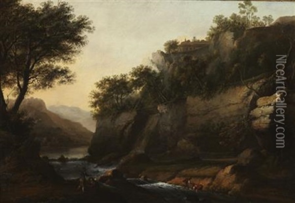 A Wooded River Landscape With Fishermen Oil Painting - William Marlow