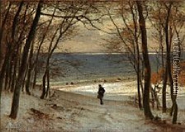 A Walking Hunter In A Snowy Landscape With A Fiord In The Background Oil Painting - Frederik Niels Martin Rohde