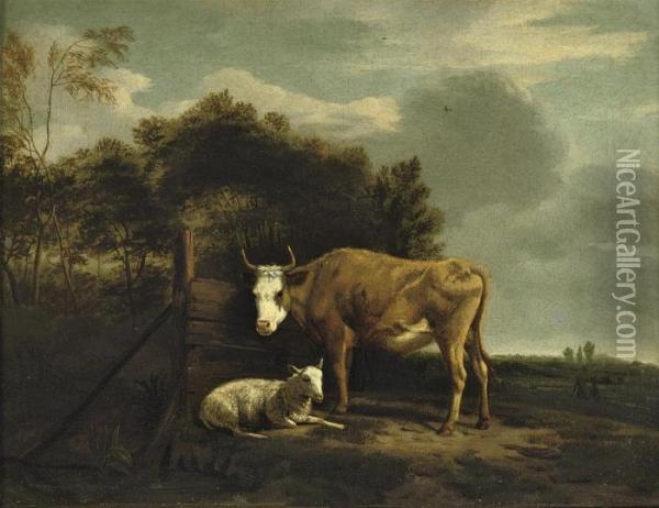 A Cow And A Sheep In A Wooded Landscape With Peasants In Thedistance Oil Painting - Adrian Van De Velde