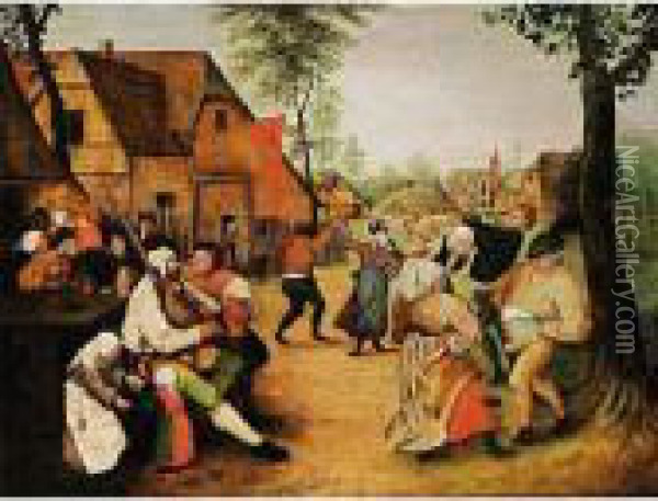 A Village Scene With Peasants Dancing Outside An Inn Oil Painting - Pieter The Elder Brueghel