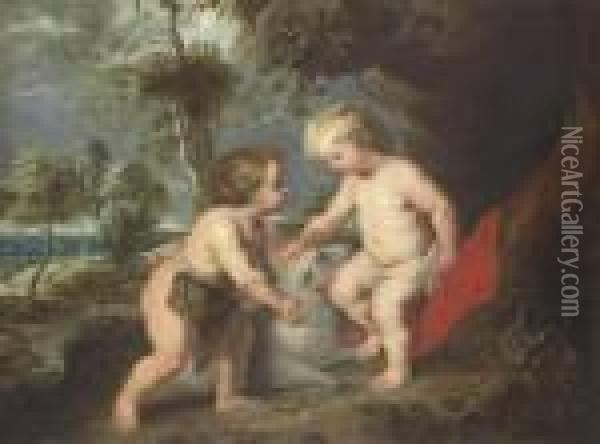 The Christ Child With The Infant Saint John The Baptist In Alandscape Oil Painting - Peter Paul Rubens