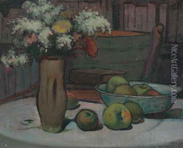 Flowers and Apples on a Round Table Oil Painting - Wladyslaw Slewinski