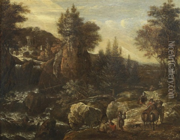 Travellers In A Rocky, River Landscape With A Classical Temple Beyond Oil Painting - Gerrit (Gerard) Battem