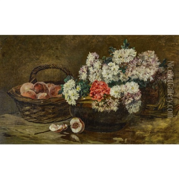Stillleben Mit Pfirsichen Und Blumen Oil Painting - Edmond Charles Joseph Yon