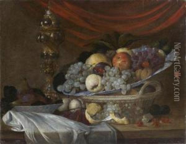 Nature Morte Au Plat De Fruits Et Pokal Sur Un Entablement Oil Painting - Michiel Simons
