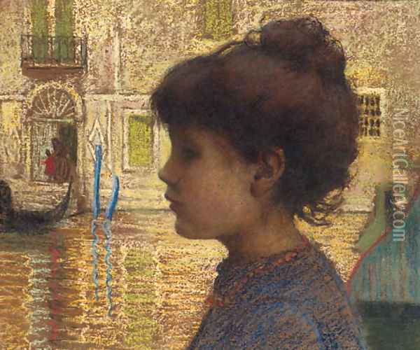 A Young Girl Beside A Venetian Canal Oil Painting - Ugo Matania
