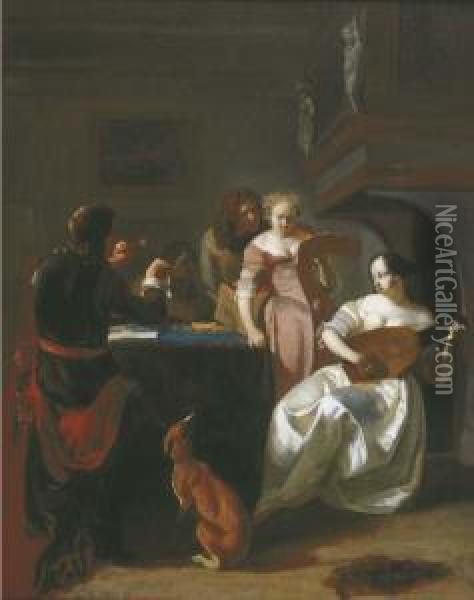 A Musical Party In An Interior Oil Painting - Jacob Ochtervelt