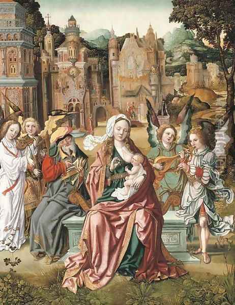 The Holy Family with music-making angels, a city beyond Oil Painting - School Of Antwerp