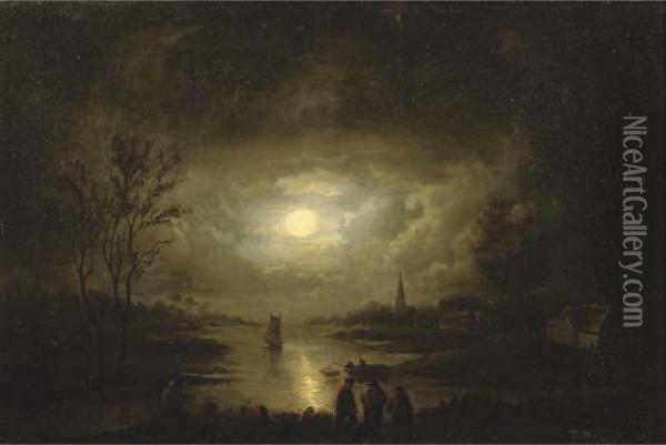 Fishing By Moonlight Oil Painting - Jan Lodewyk Jonxis