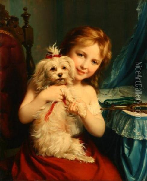 Portrait Of A Young Girl Holding A Maltese Oil Painting - Fritz Zuber-Buhler
