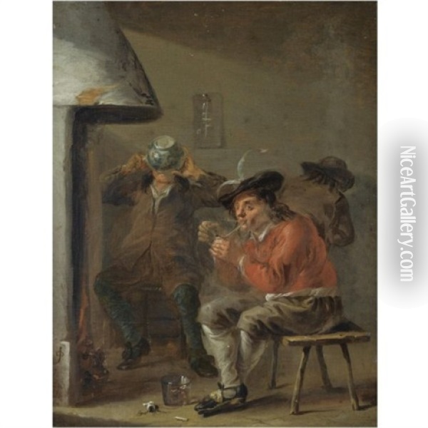 An Interior With Peasants Smoking And Drinking Beside A Fireplace Oil Painting - Jan Olis