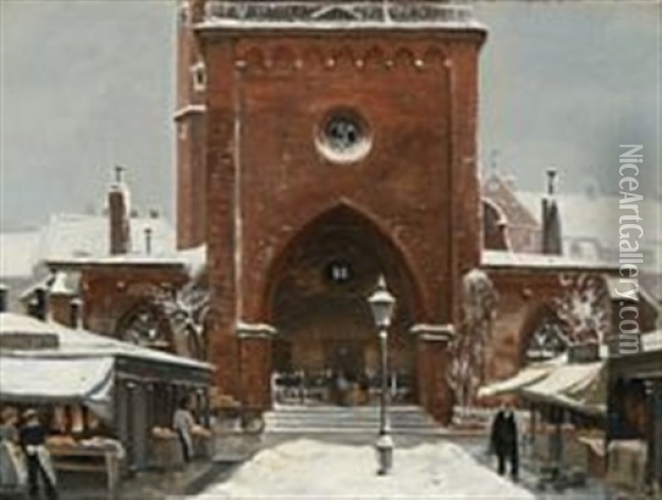 View From Copenhagen With The Butchers' Market Stalls In Front Of St. Nicolas' Church Oil Painting - Peter Tom-Petersen