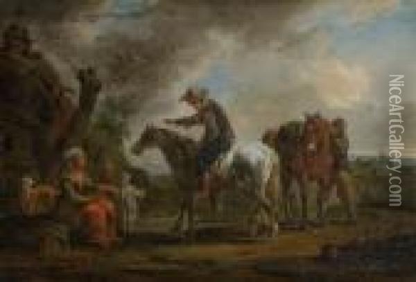 Zwei Reiter Und Eine Rastende
 Bauerin Mit Ihrem Kind Oil Painting - August Querfurt