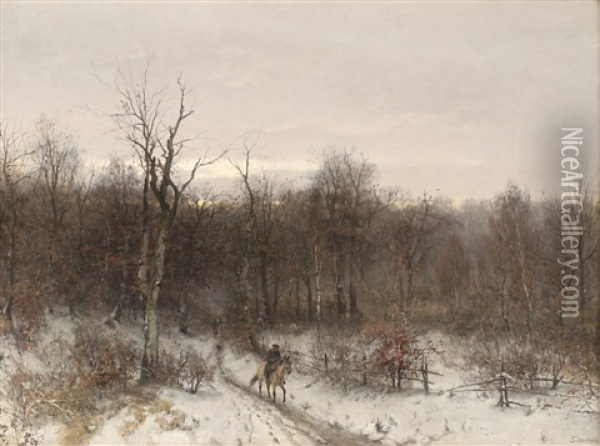 Vinterlandskap Med Rytter Oil Painting - Sophus Jacobsen