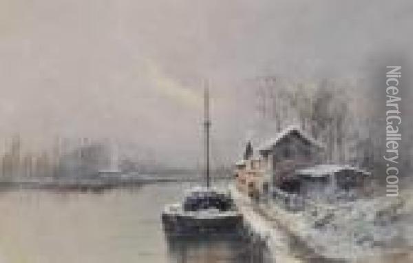 Dutch Winter River Scene Oil Painting - Louis Apol