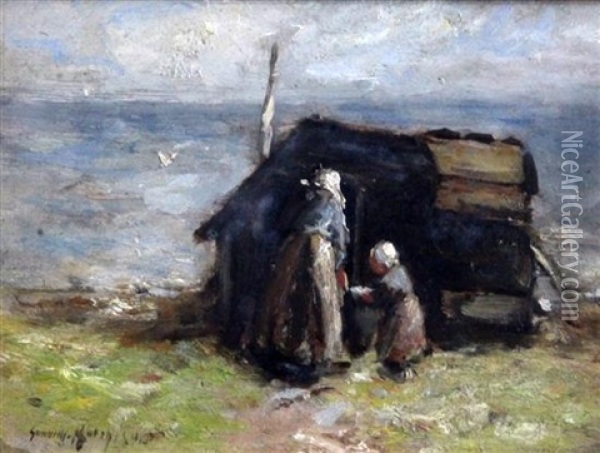 Mother And Child Beside A Hut Oil Painting - Robert Gemmell Hutchison