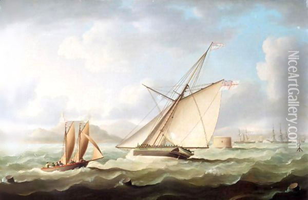 The English Cutter Yacht Venus And A Pilot Boat Off The Coast Oil Painting - Thomas Buttersworth