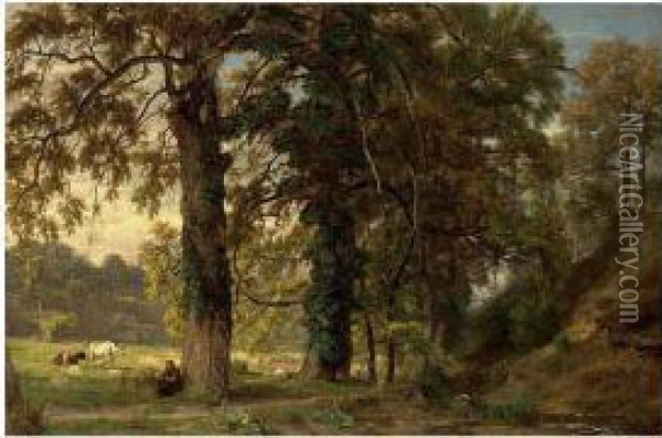 A Cowherdess With Her Cattle Resting Under A Tree Oil Painting - Theodore Fourmois