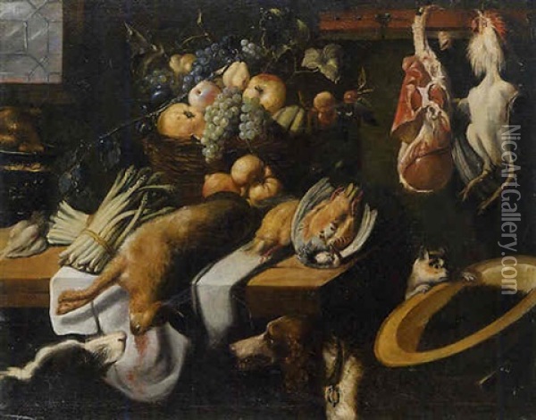 Cacciagione, Pollame Appeso, Verdura E Frutta Su Tavolo Con Due Cani E Gatto In Interno Oil Painting - Felice Boselli