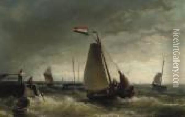 Fishing Vessel 'de Hoop' In Rough Waters Oil Painting - Nicolaas Riegen