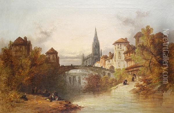 A Riverside Town Oil Painting - Henry John Foley
