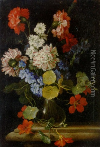 Carnations, Nasturtiums And Other Flowers In A Vase On A Stone Ledge Oil Painting - Niccolo Stanchi