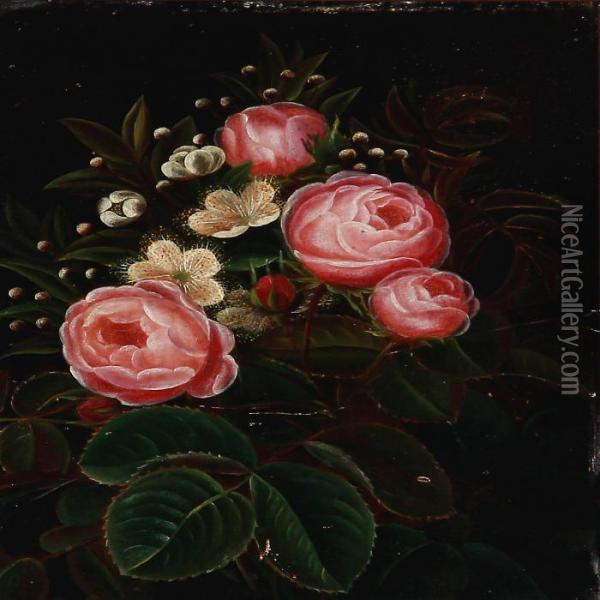A Flower Bouquet With Roses Oil Painting - I.L. Jensen