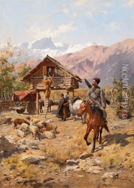 Kosake Im Russischen Hochgebirge Vor Bauerlichem Gehoft Oil Painting - Rudolf Otto Von Ottenfeld