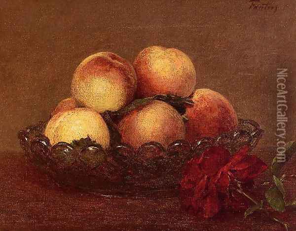 Nature Morte: Peches dans une coupe de verre, une rose fonces avec des feuilles a droite Oil Painting - Ignace Henri Jean Fantin-Latour