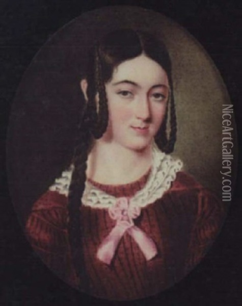 Miss Jane Wright Wearing Burgundy-coloured Dress And White Frilled Collar Tied With Pink Ribbon Oil Painting - John Simpson