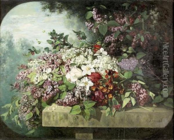 Blumenstuck Mit Weissem Und Violettem Flieder. Oil Painting - Jules Louis Badel