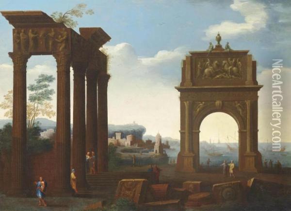 An Architectural Capriccio With Figures Among Classical Ruins, A Harbour Beyond Oil Painting - Giovanni Ghisolfi