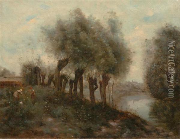 Flusslandschaft Mit Zwei Figuren. Oil Painting - Jean-Baptiste-Camille Corot
