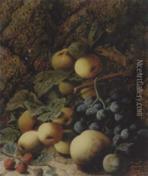 Stilleben Mit Apfeln, Trauben, Himbeeren Und Pfirsich Oil Painting - Oliver Clare