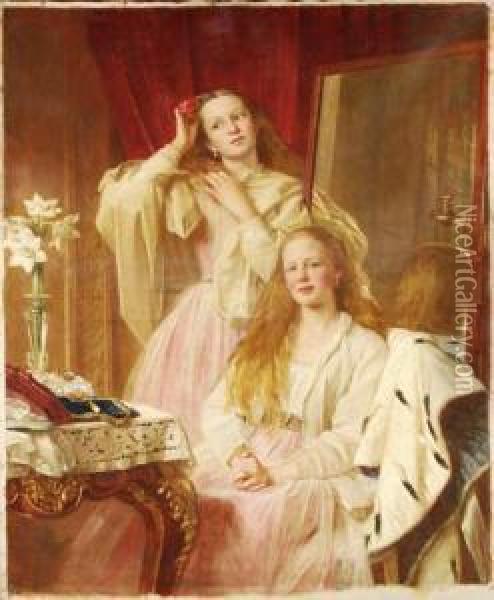 A Portrait Oftwo Girls In An Dressing Room Oil Painting - Henry Tanworth Wells