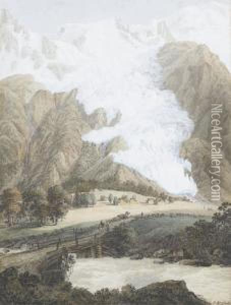 Vue De Glacier De Bossons De L'aiguille Du Midi Et Du Tacul Oil Painting - Jean Antoine Linck