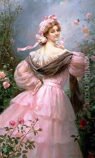 Elegant woman in a rose garden Oil Painting - Felix Hippolyte-Lucas