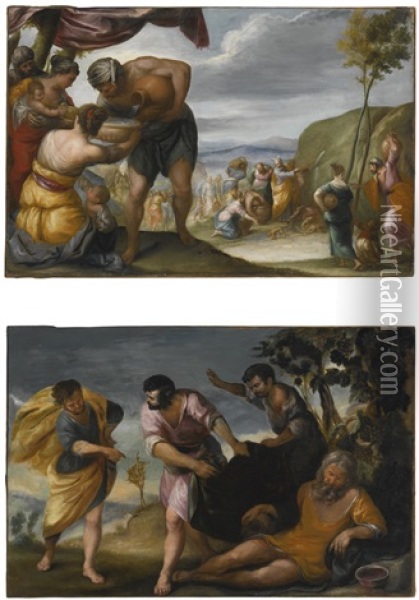 Moses Striking The Rock And The Drunkenness Of Noah (pair) Oil Painting - Juan Antonio Frias y Escalante