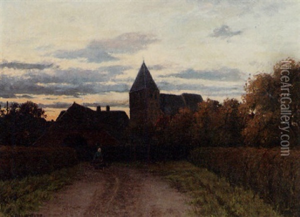 A Church With A Peasant Woman On A Path In The Evening Sun Oil Painting - Charles Dankmeijer