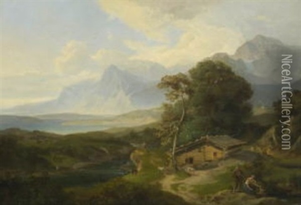 Gebirgslandschaft Mit Fluss Und Sennhutte Oil Painting - Carl Rottmann