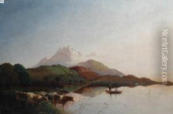 Fisherman And Cattle In A Loch Oil Painting - Henry Boddington