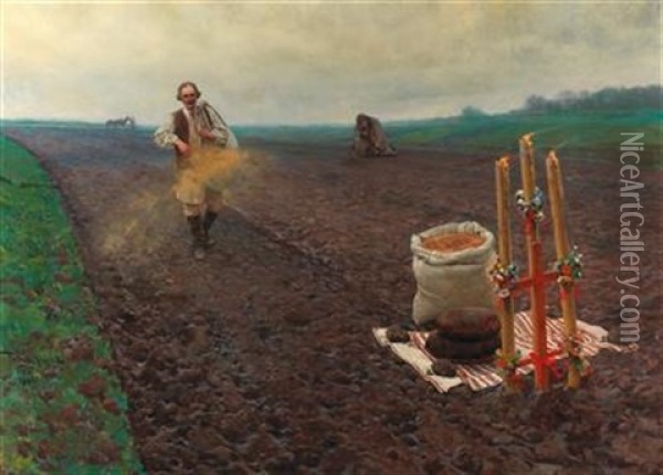 The First Sowing Oil Painting - Piotr Stachiewicz